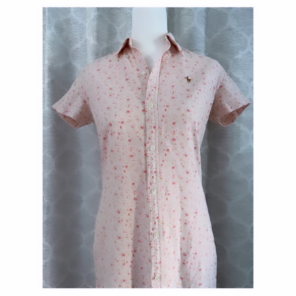 VTG 90s RALPH LAUREN PINK FLORAL BUTTON DOWN SHIRT DRESS / 100% COTTON / SZ 4